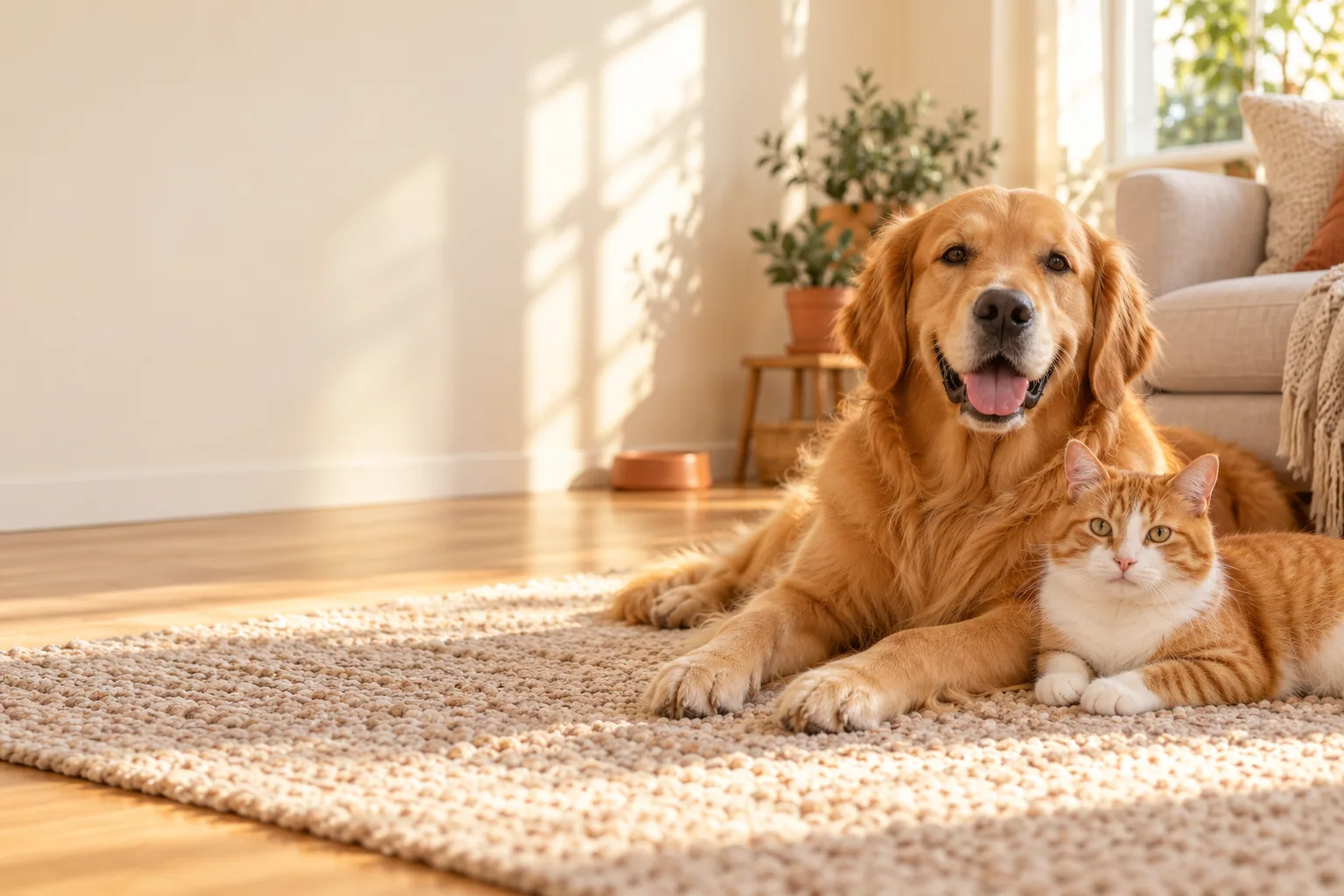 A golden retriever and a ginger cat relaxing together in a sunlit home
